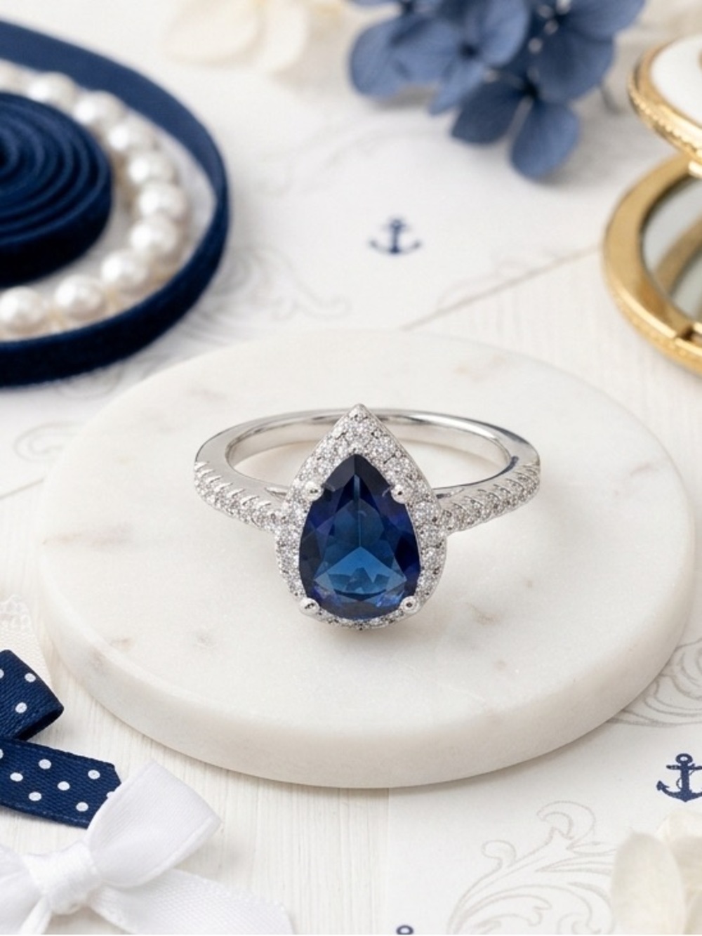 Stunning Sapphire Blue Pear Halo Ring 925 Silver Soft Girl Coquette Feminine